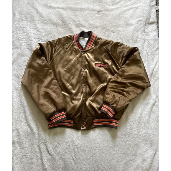 Vintage 80s Chalk Line Cleveland Browns Quilted Snap Bomber Satin Jacket Size XL - Picture 1 of 11